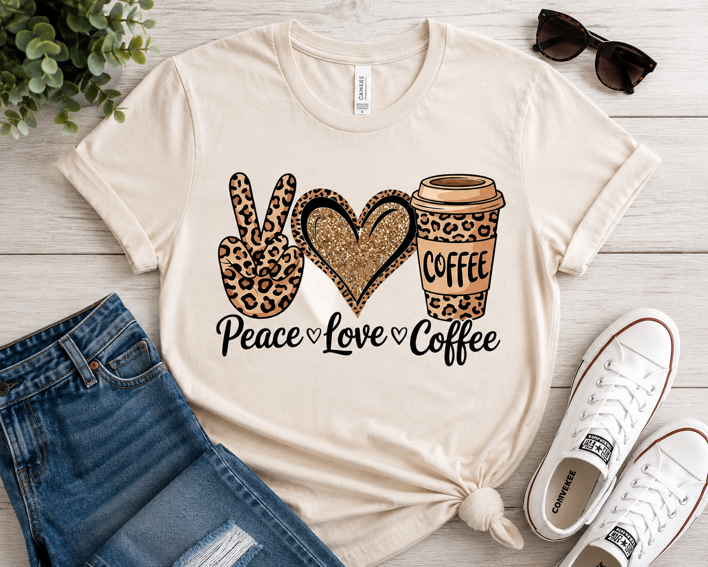 Peace Love Coffee Leopard Print Graphic Tee