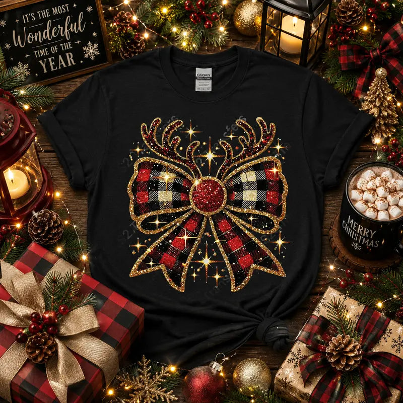 Rustic Reindeer Christmas Bow Graphic Tee