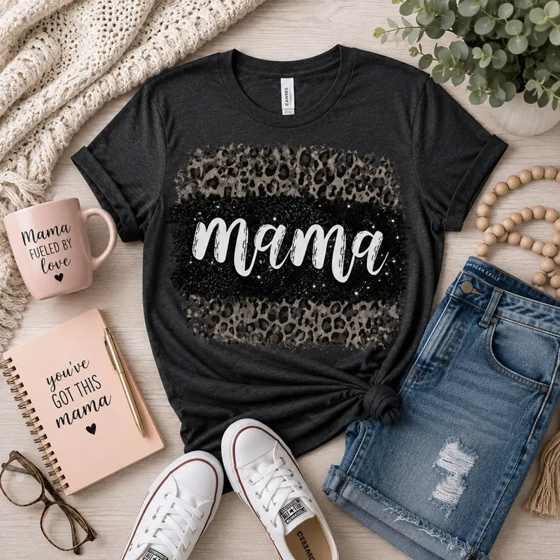Mama Leopard Glitter Graphic Tee