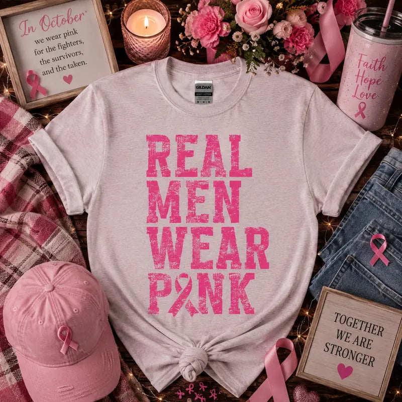 Real Men Wear Pink Breast Cancer Awareness Graphic Tee