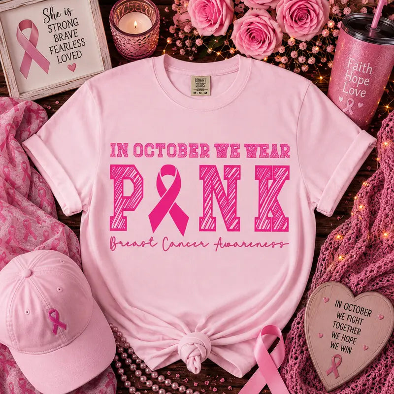 In October We Wear Pink Breast Cancer Awareness Graphic Tee