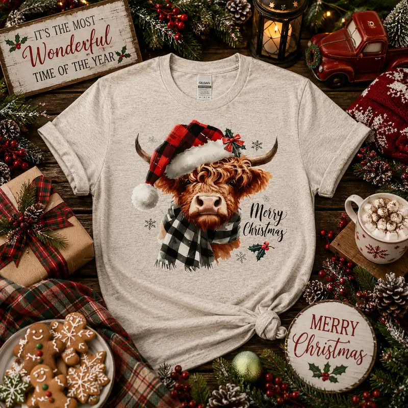 Merry Christmas Highland Cow Graphic Tee