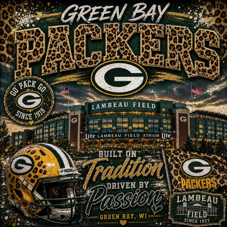 Green Bay Packers Football Graphic Tee | Lambeau Field | Leopard Print Packers Shirt | Green Bay Gameday Tee
