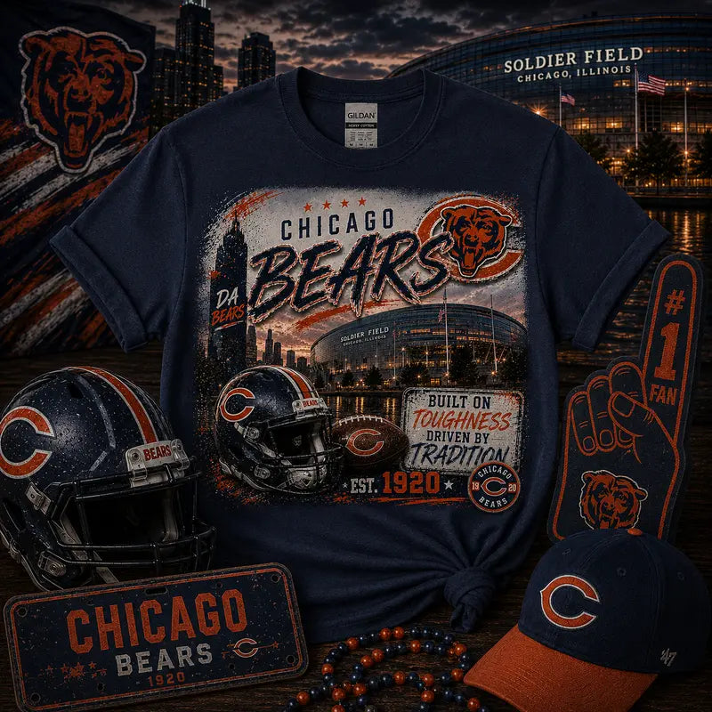Chicago Bears Football Graphic Tee | Soldier Field | Da Bears Shirt | Navy & Orange Gameday Tee