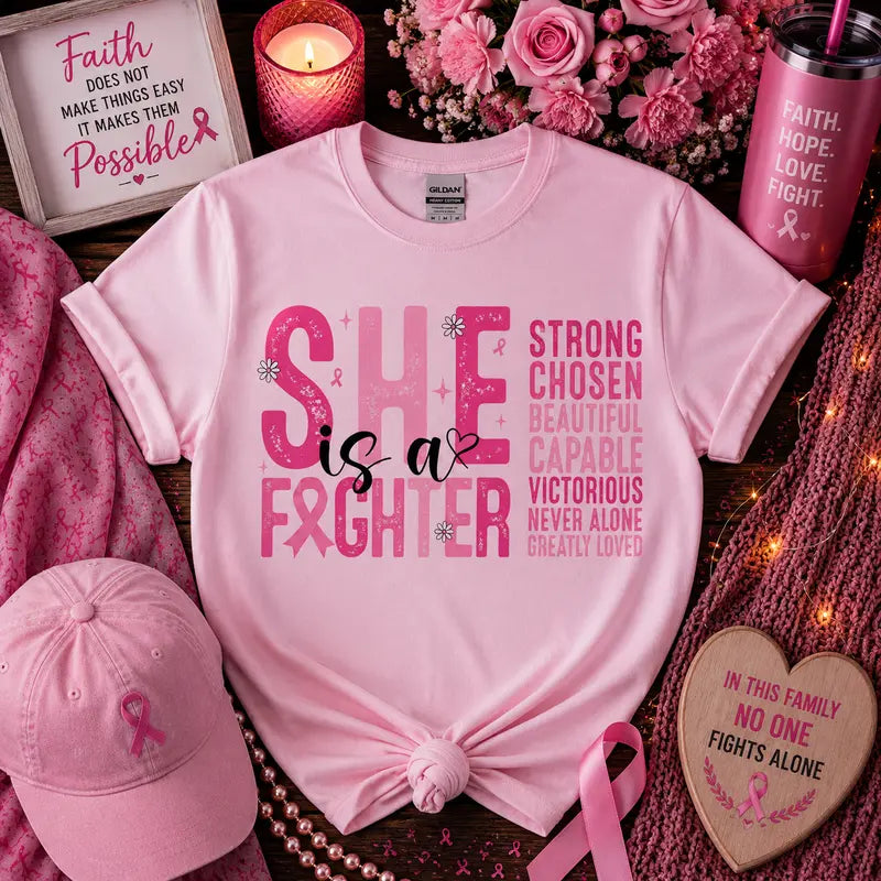 She Is a Fighter Breast Cancer Awareness Graphic Tee