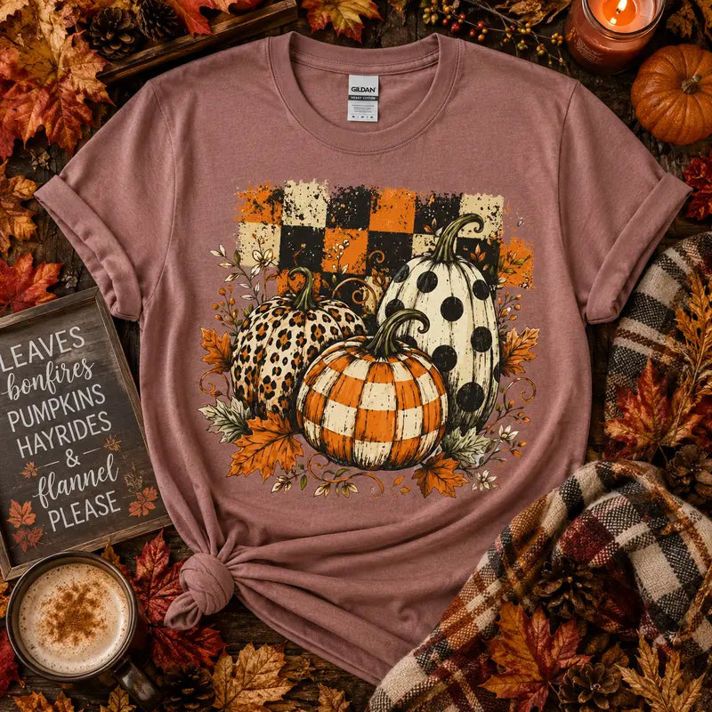 Patterned Pumpkin Trio Graphic Tee | Cozy Fall Pumpkin Shirt
