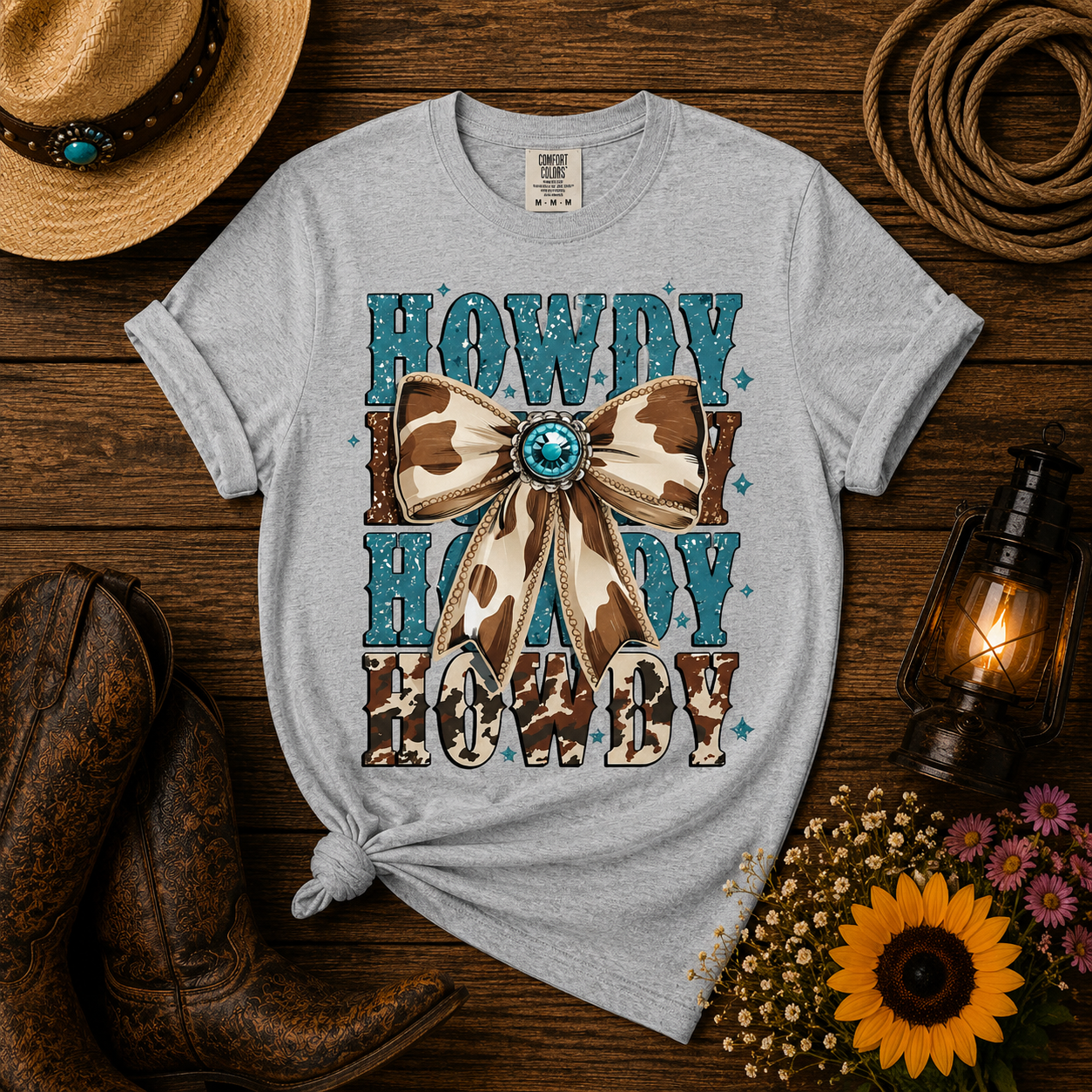 Cow Print Bow Howdy Tee