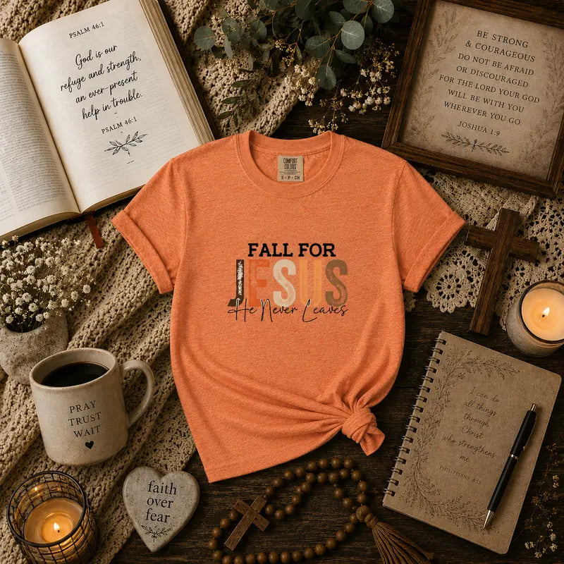 Fall for Jesus, He Never Leaves Graphic Tee