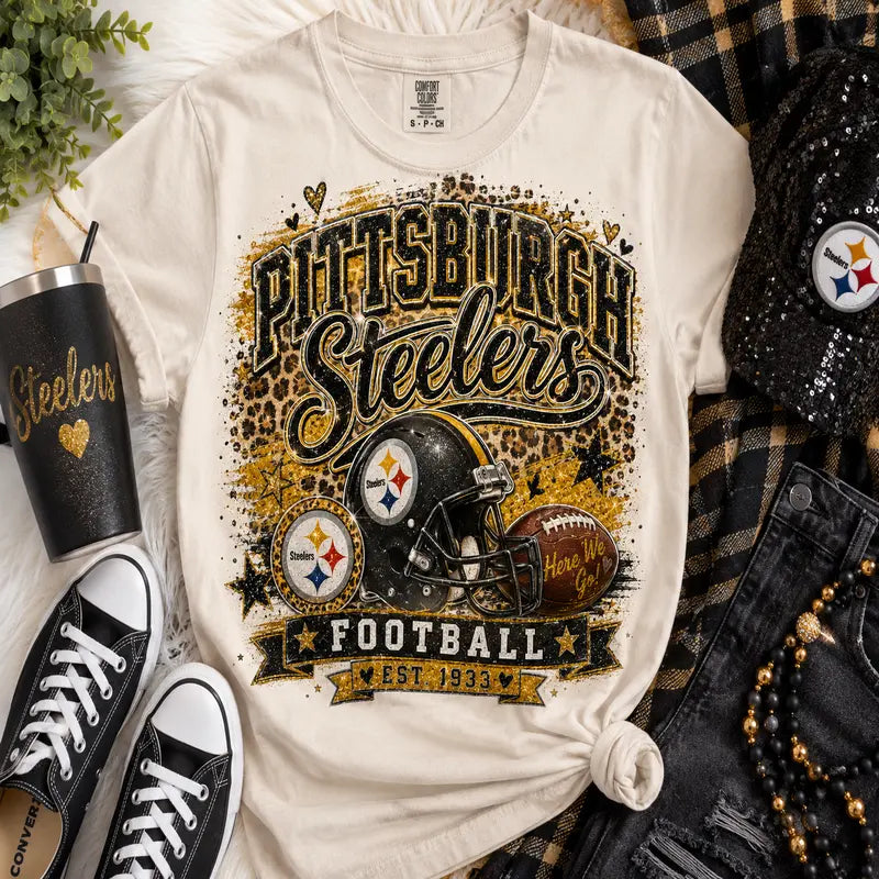 Pittsburgh Steelers Glitter Leopard Football Tee