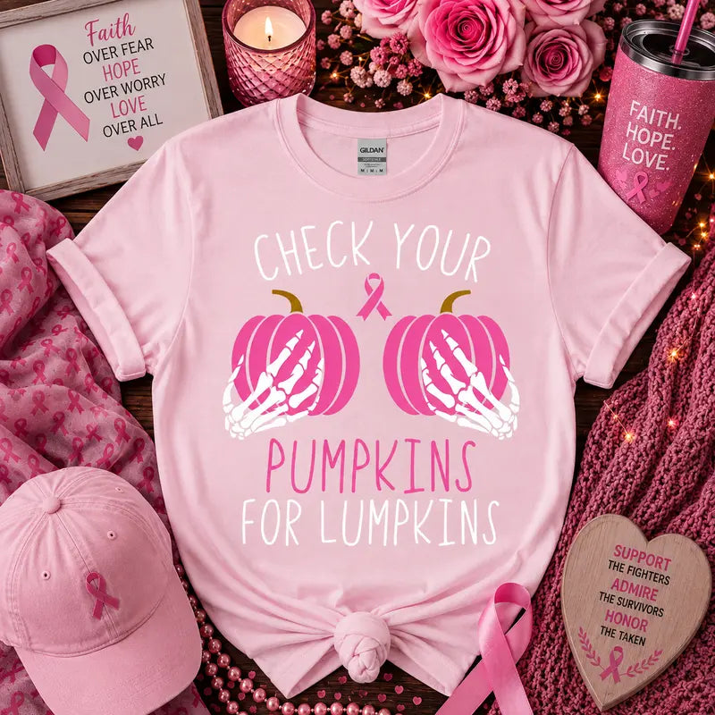 Check Your Pumpkins for Lumpkins Breast Cancer Awareness Graphic Tee