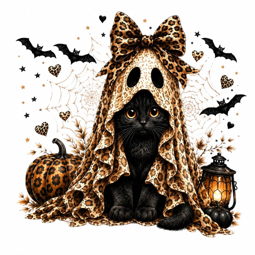 Leopard Ghost Kitty Halloween Graphic Tee