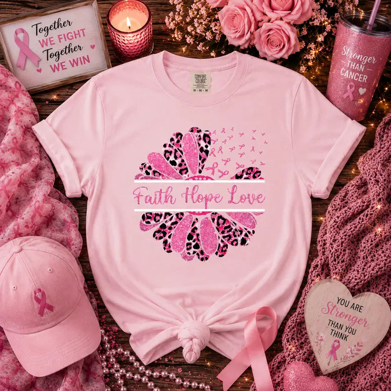Faith Hope Love Breast Cancer Awareness Leopard Floral Graphic Tee