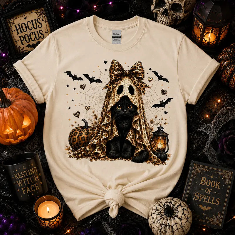 Leopard Ghost Kitty Halloween Graphic Tee