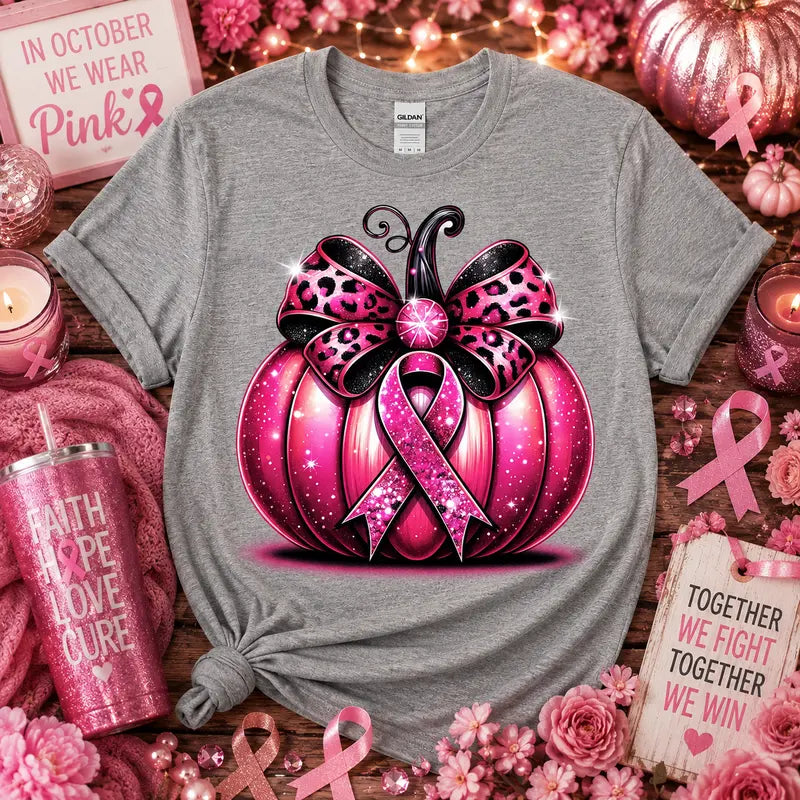 Pink Ribbon Glitter Pumpkin Graphic Tee
