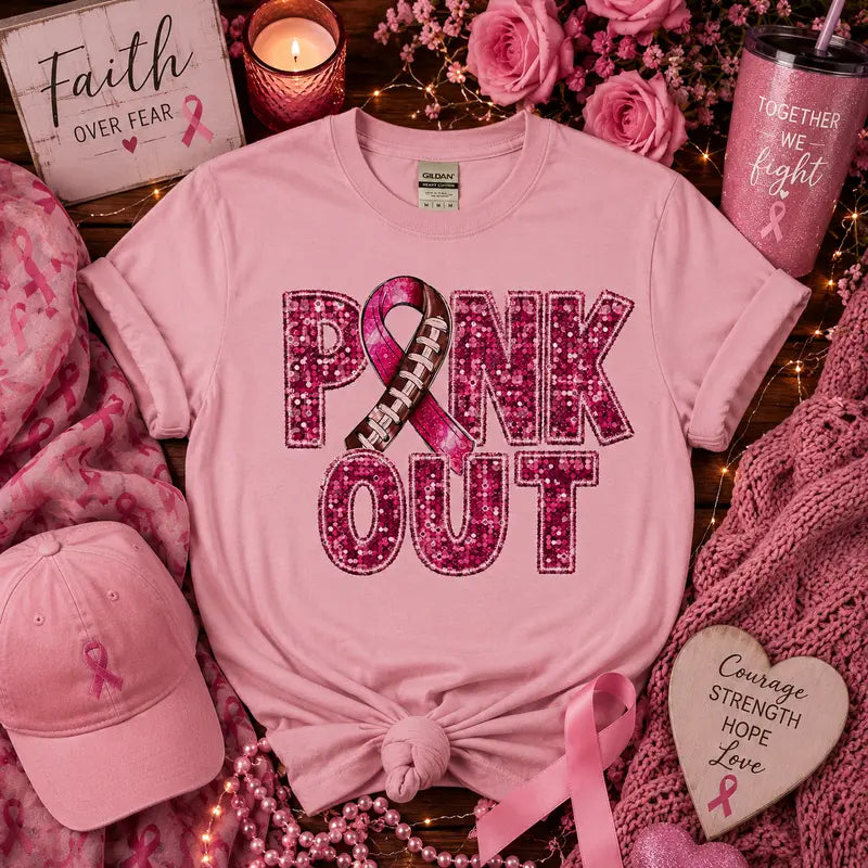 Pink Out Football Breast Cancer Awareness Graphic Tee