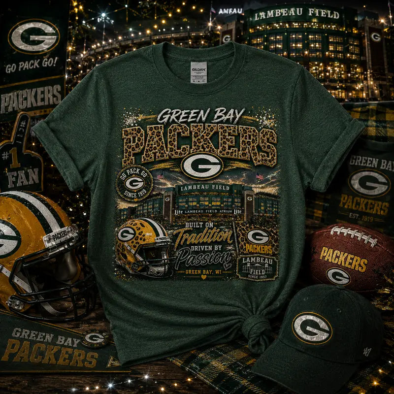 Green Bay Packers Football Graphic Tee | Lambeau Field | Leopard Print Packers Shirt | Green Bay Gameday Tee