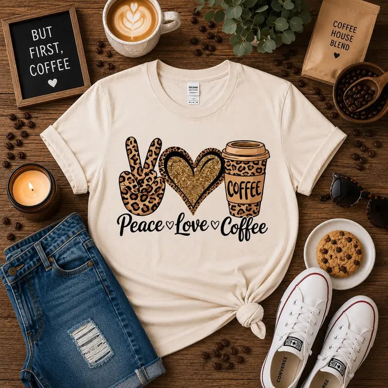 Peace Love Coffee Leopard Print Graphic Tee