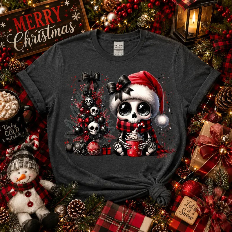 Cozy Gothic Christmas Skeleton Graphic Tee