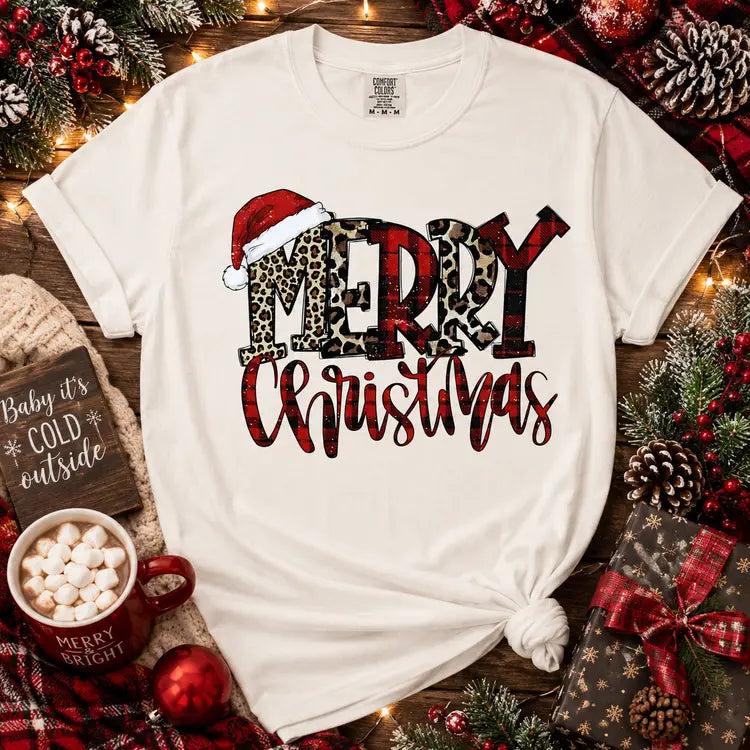 Merry Christmas Leopard & Plaid Graphic Tee