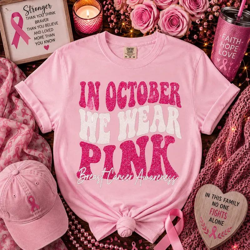 In October We Wear Pink Breast Cancer Awareness Graphic Tee