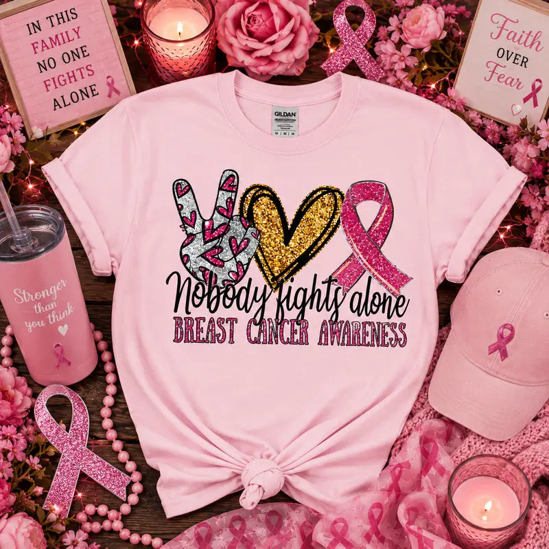 Nobody Fights Alone Breast Cancer Awareness Graphic Tee