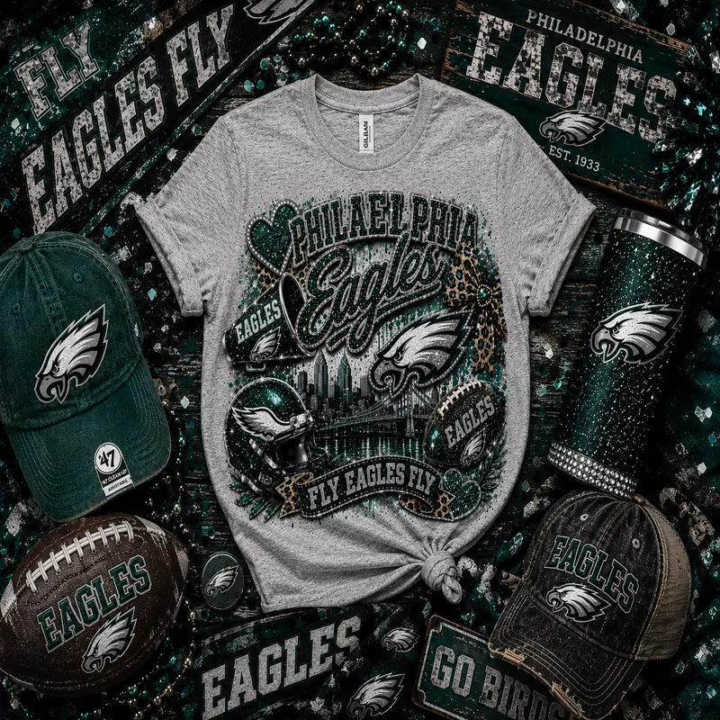 Philadelphia Eagles Fly Eagles Fly Leopard & Glitter Game Day Graphic Tee