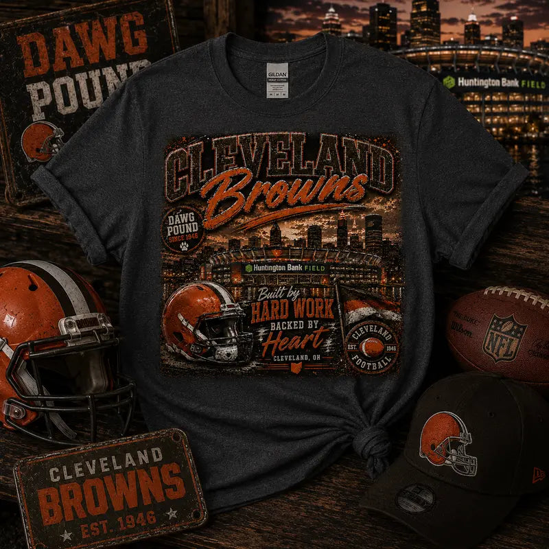 Cleveland Browns Built by Hard Work Graphic Tee | Huntington Bank Field | NFL Fan Shirt | Dawg Pound | Cleveland Football