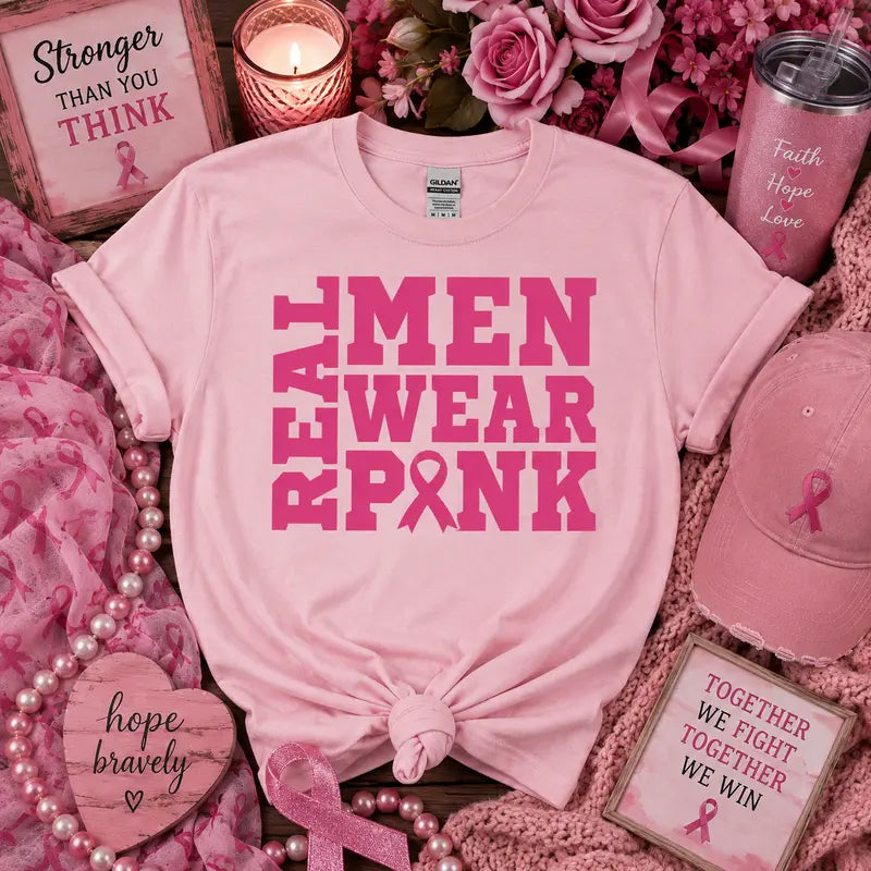 Real Men Wear Pink Breast Cancer Awareness Graphic Tee