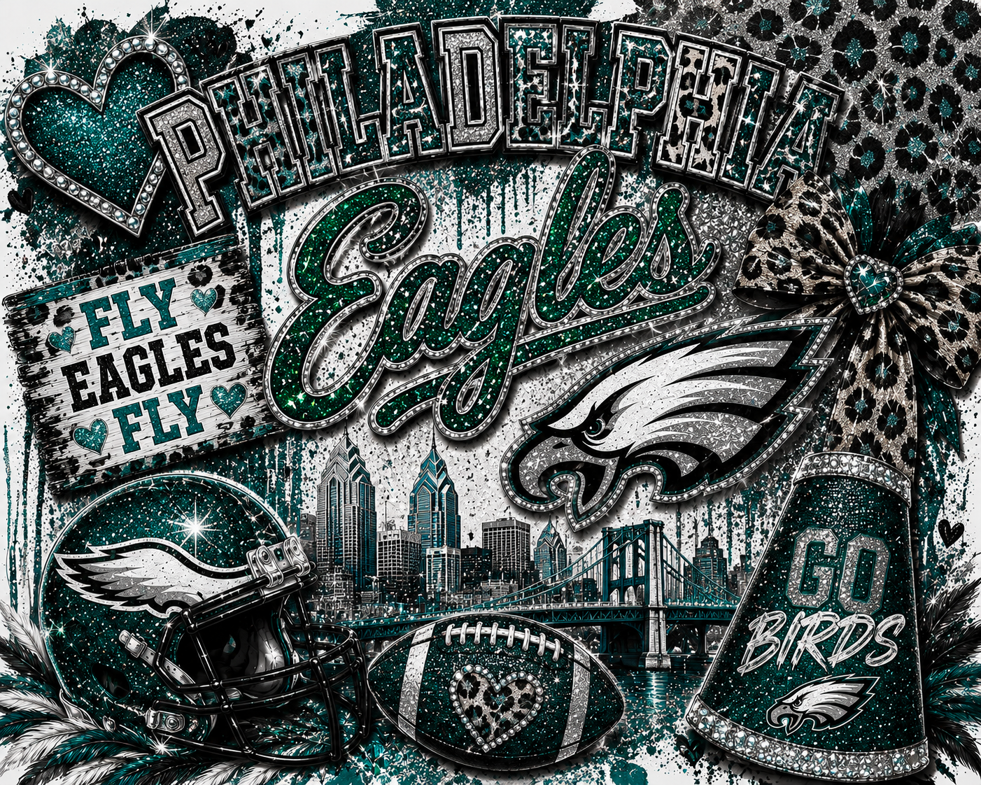 Philadelphia Eagles Fly Eagles Fly Leopard & Glitter Game Day Graphic Tee